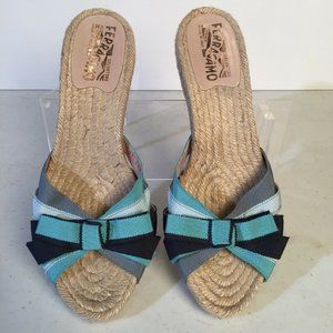 SALVATORE FERRAGAMO Ribbon Espadrille Wedge Sandals Bow Detail